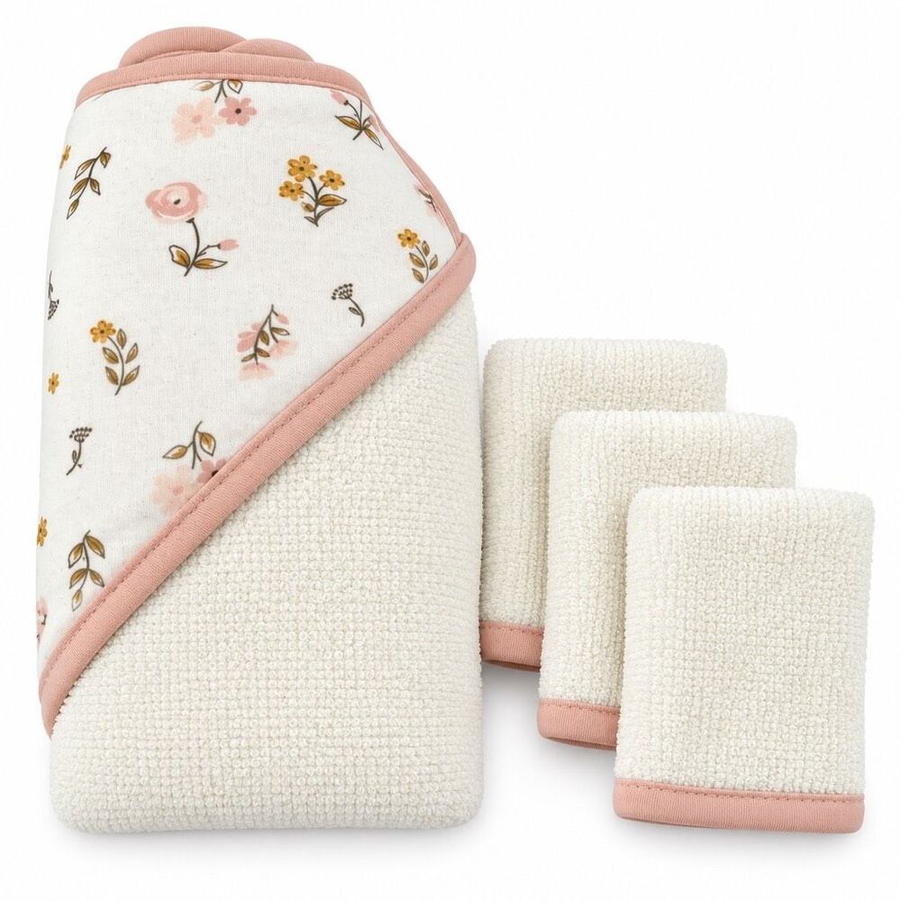 Chick Pea Baby 4-Piece Hooded Towel Washcloth Bath Set Floral New